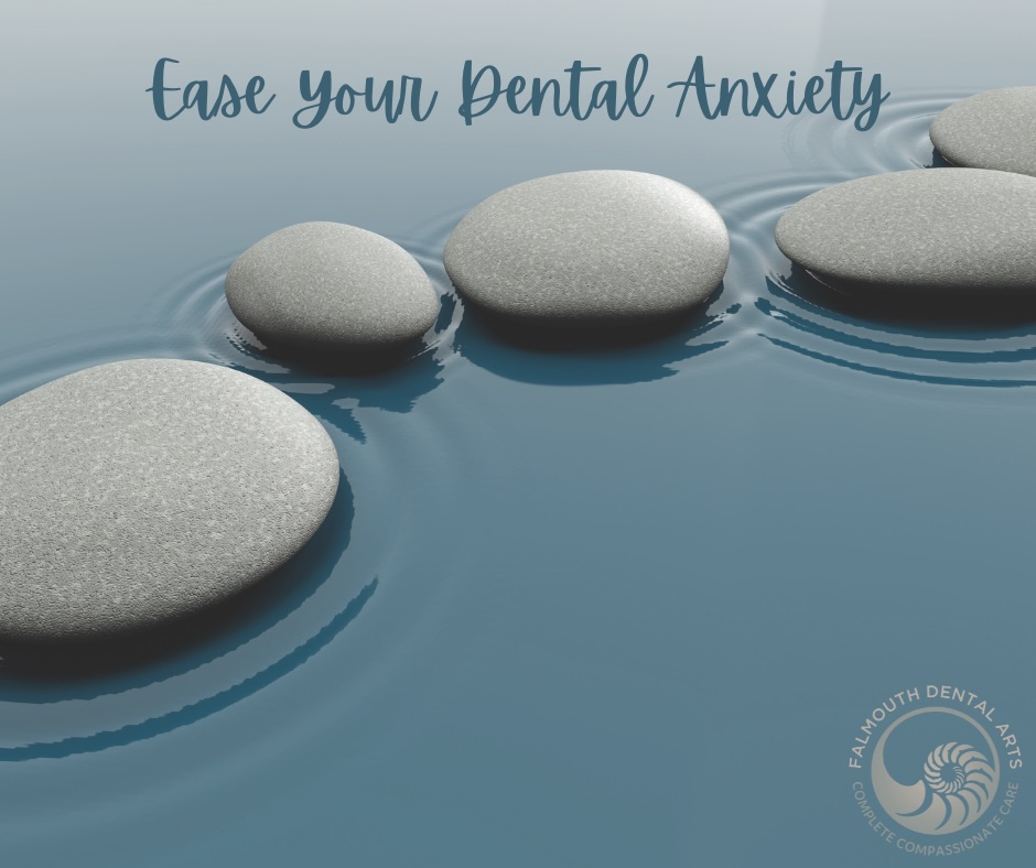 Water background with round, smooth rocks that includes text that says Ease Your Dental Anxiety