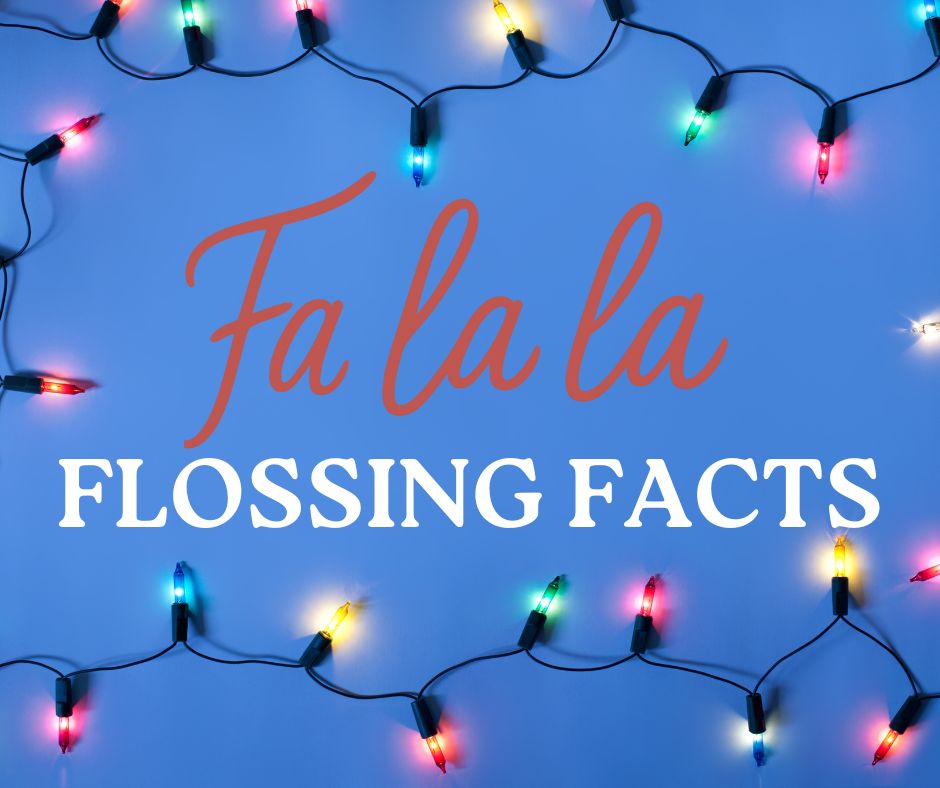 FlossingFacts Holiday Lights on blue background graphic for Fa La La Flossing Facts blog