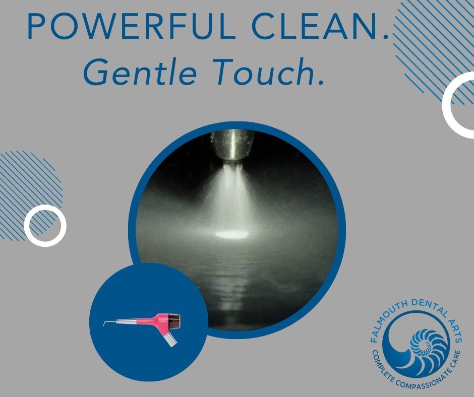 Graphic contains images of air polishing tool for teeth cleanings and other dental procedures.