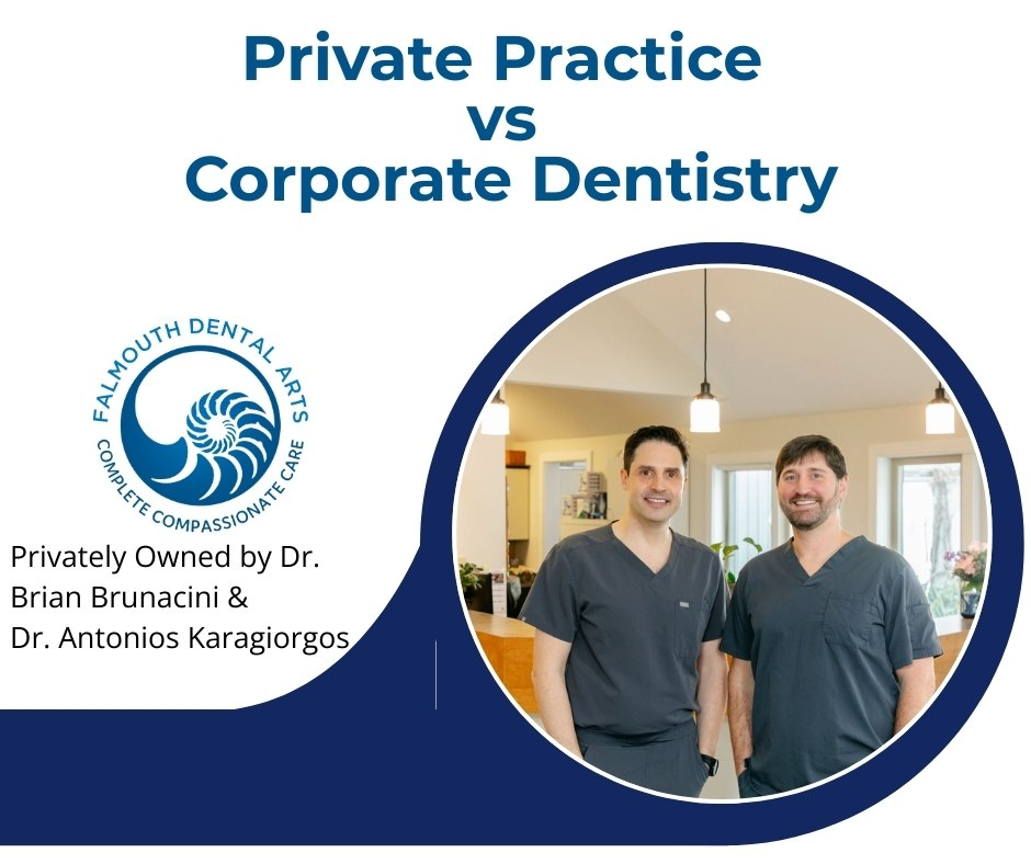 Dr. Brunacini and Dr. Karagiorgos in graphic for Private Practice vs Corporate Denistry