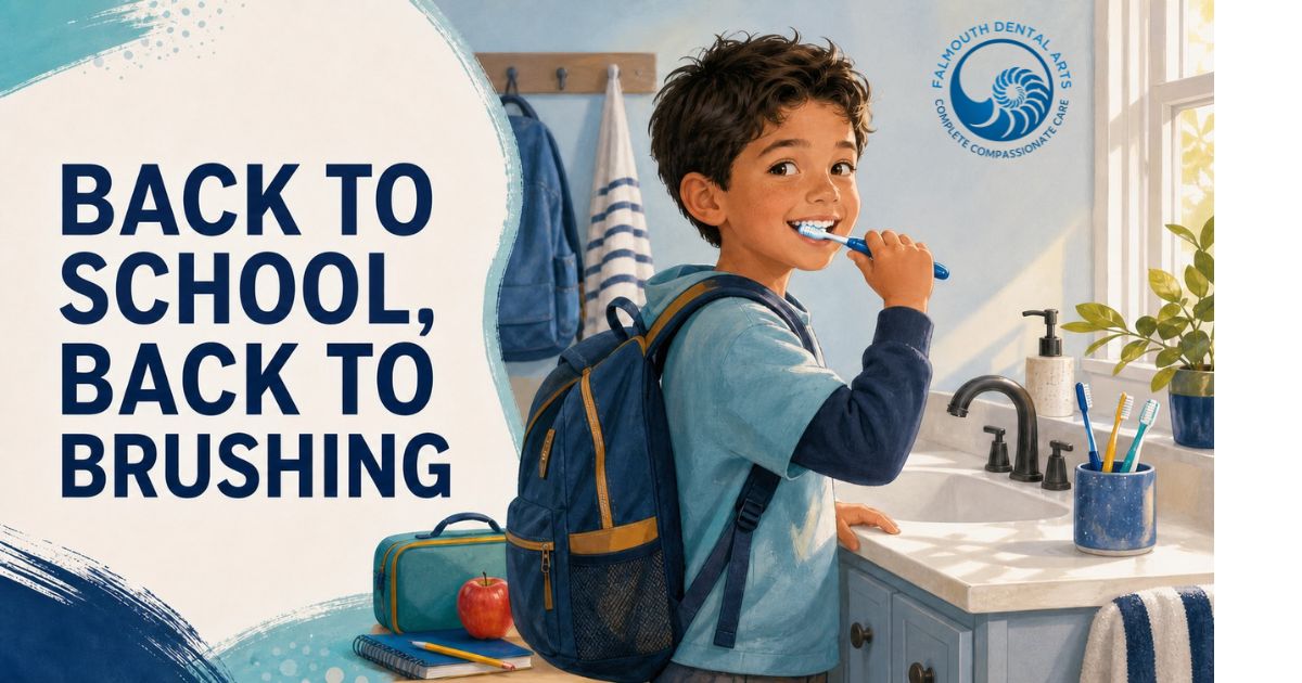 graphic of boy brushing teeth with back pack on for Back to School blog